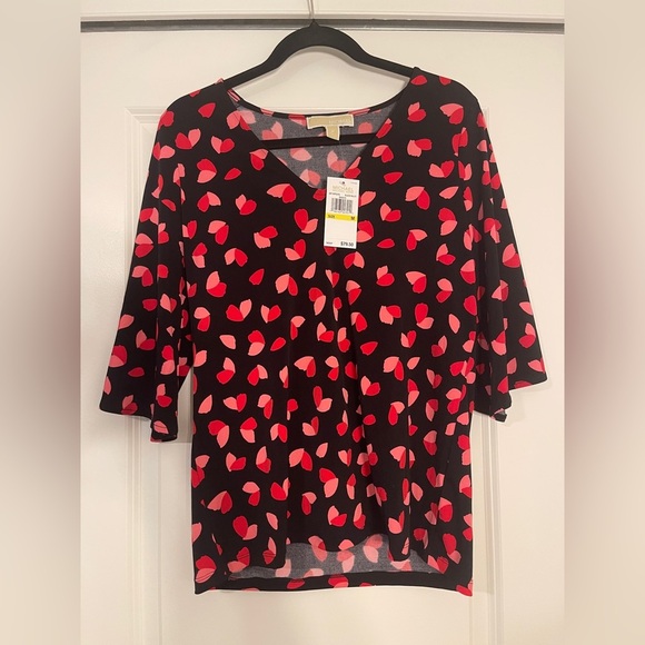 NWT Michael Kors petal heart print top blouse black red pink M - Picture 1 of 4
